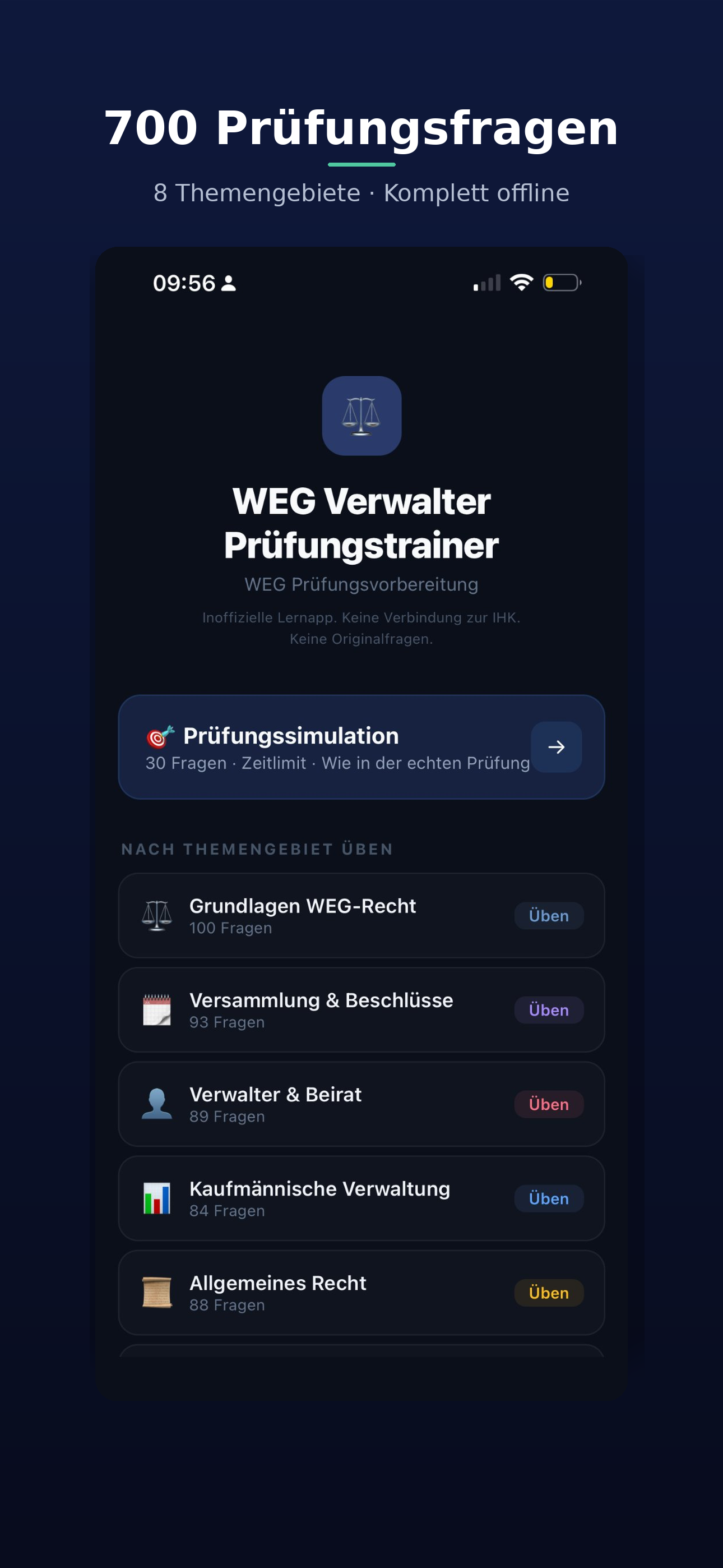 WEG Verwalter Prüfungstrainer – Startbildschirm mit 700 Prüfungsfragen