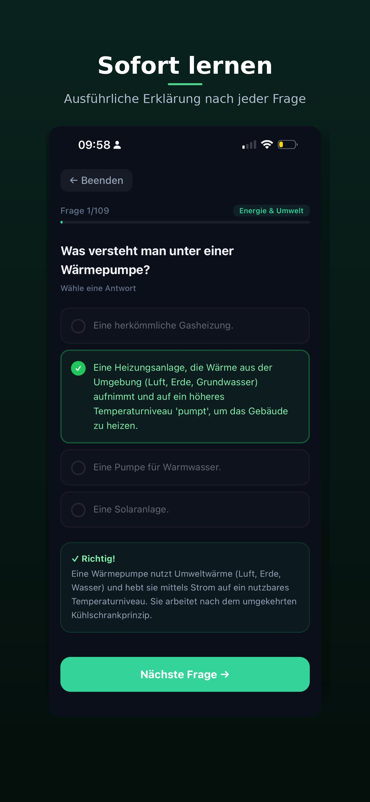 Sofort lernen – Ausführliche Erklärung nach jeder richtig beantworteten Frage