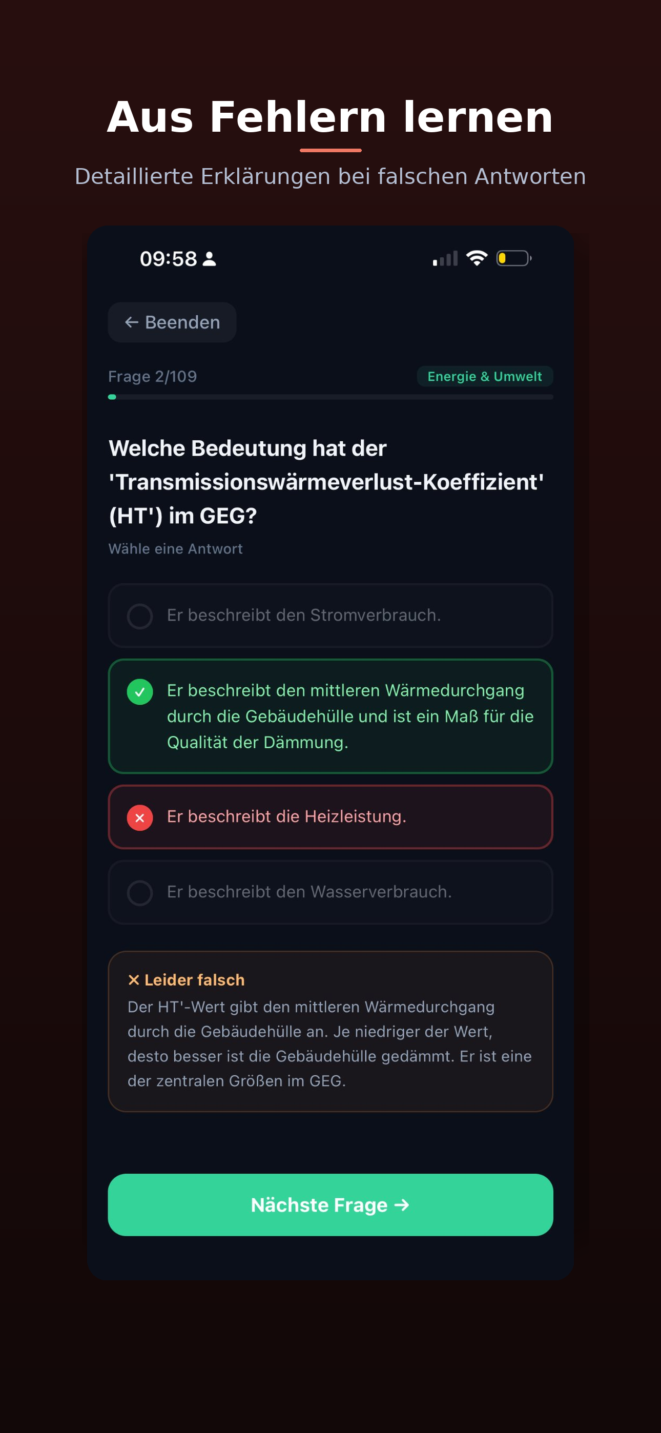Aus Fehlern lernen – Detaillierte Erklärungen bei falschen Antworten